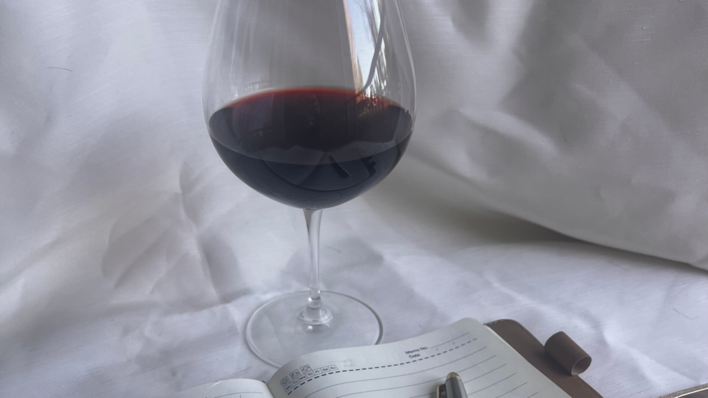 Wine tasting notes written in a notebook beside a glass of red wine in natural light.