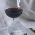 Wine tasting notes written in a notebook beside a glass of red wine in natural light.